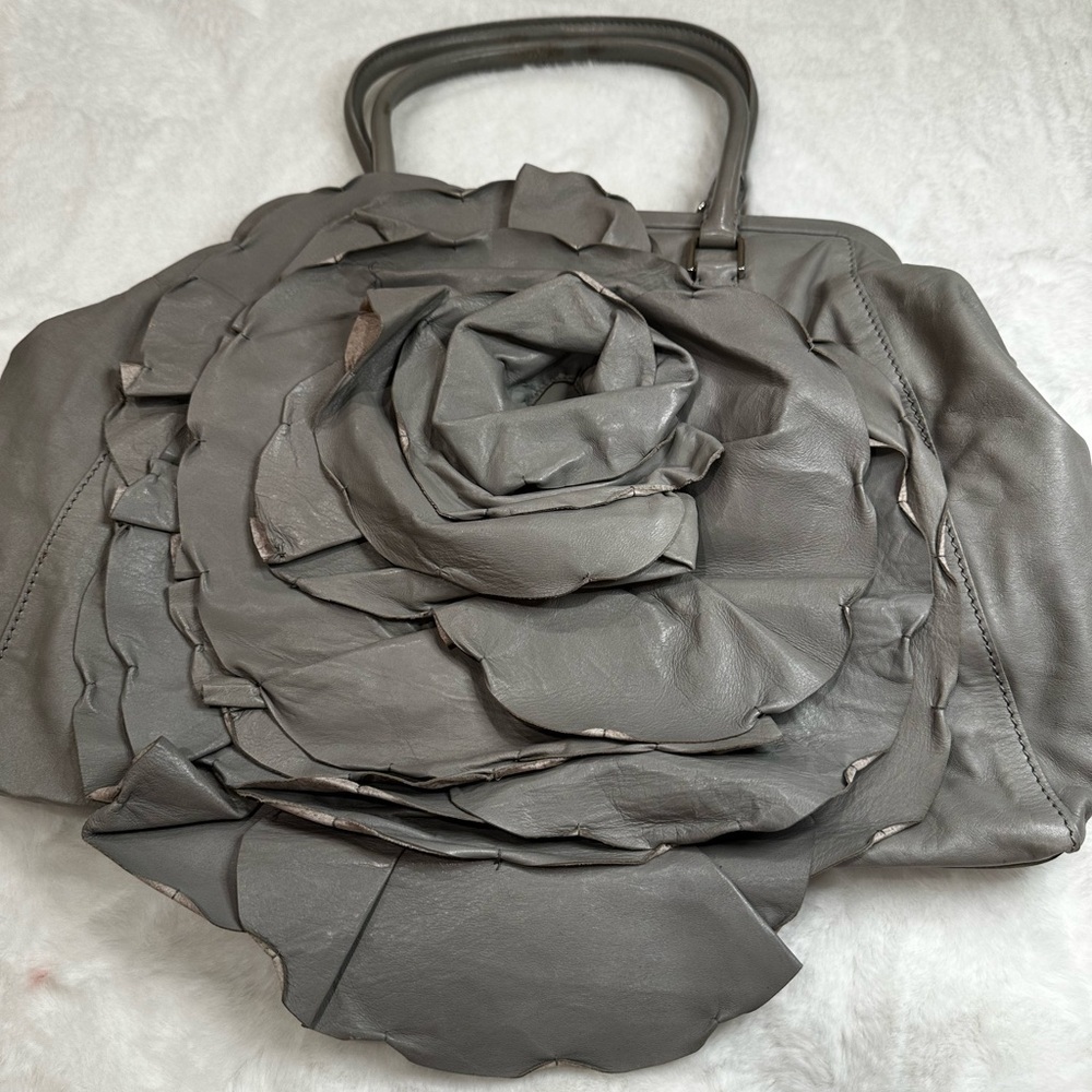 Valentino Garavani Gray Floral Applique Leather Tote